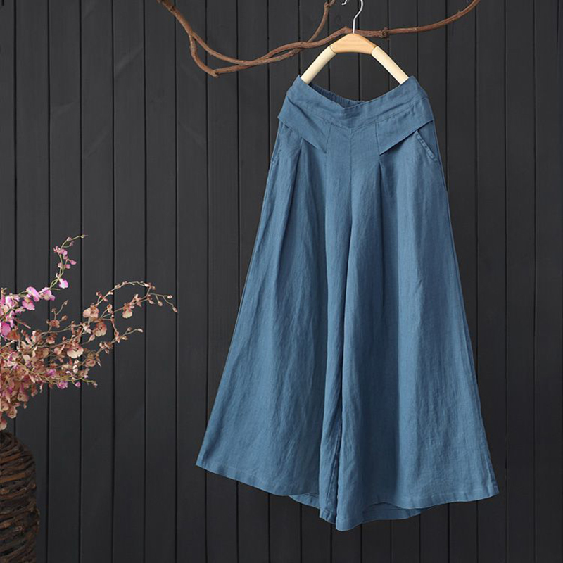 Summer Arts Style Women Elastic Waist Solid Wide Leg Pants All-matched Casual Cotton Linen Loose Plus Size S980 210512