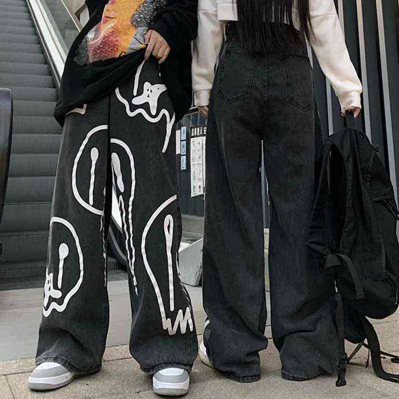 pantalon pour femme Hip Hop Skull face print baggy jeans men Straight Denim Cargo Pants Oversized black Women Jeans 211111