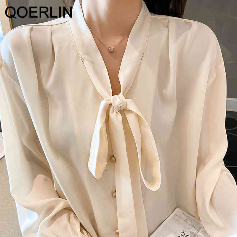 QOERLIN Chiffon Womens Blouse Elegant Spring Button Shirts Summer Bowtie Long Sleeve Solid Shirts Female Office Lady Tops 210412