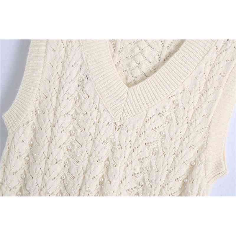 Sweet Women Solid Sweater Vest Fashion Ladies Pearl Knitted Tops Elegant Female Chic White V-Neck Pullovers 210430