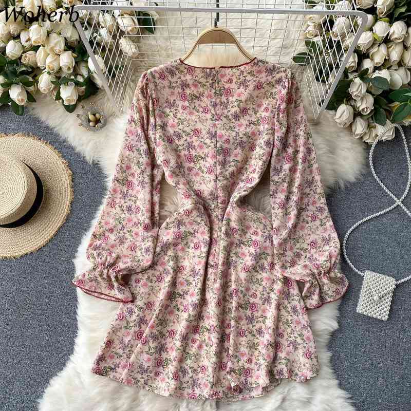 Floral Dress Woman Spring Robe Drawstring Pleated Slim Vestidos Mujer V-neck Sweet Vintage Dresses Women Clothing 210422