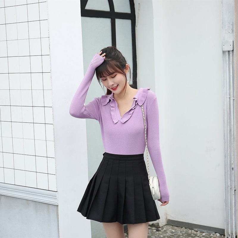 Fashionable Autumn Winter Casual Sexy V Neck Knitted Long Sleeved Sweater Women Wooden Ears Slim Bottoming Top Female 210520, Green 
Fashionable Autumn Winter Casual Sexy V Neck Knitted Long Sleeved Sweater Women Wooden Ears Slim Bottoming Top Female 210520, Green