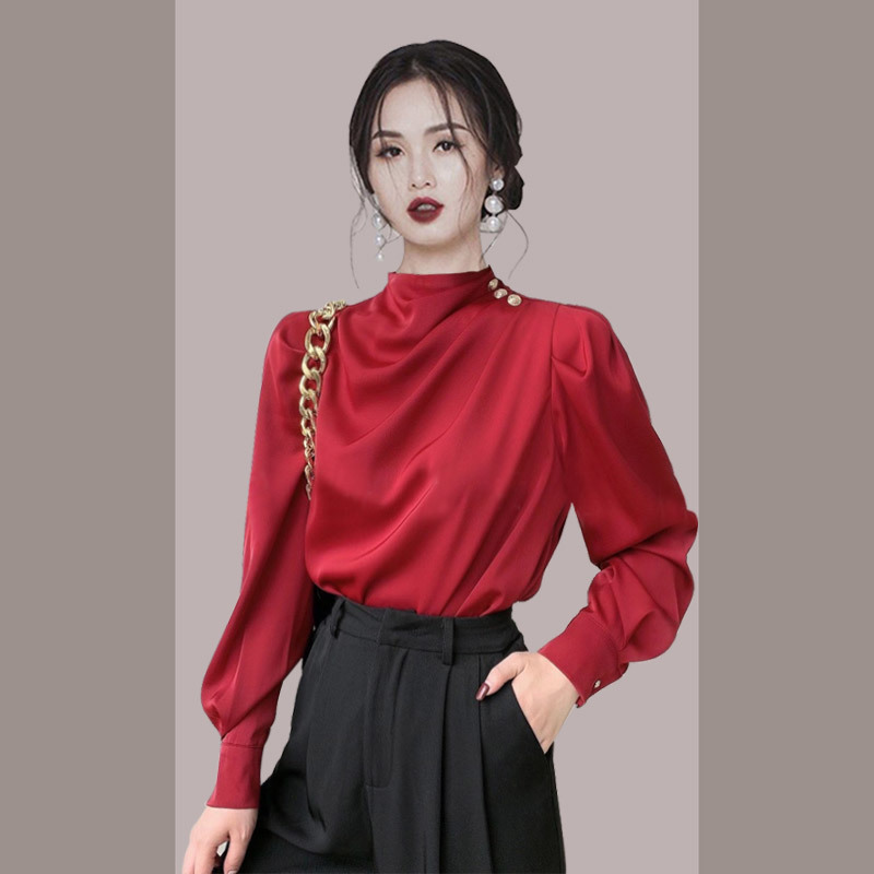 Vintage Long Sleeve Shirts Tops Ladies Elegant Korean Office OL Fashion Chic Button Satin Casual Shirt Blouse Women Spring 210519