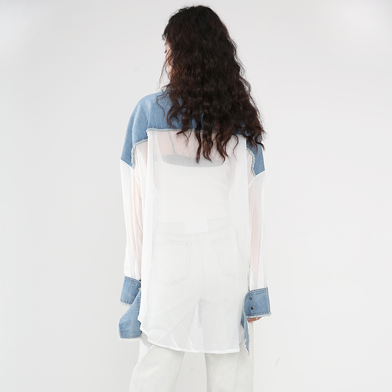 [EAM] Women Chiffon Burrs Denim Big Size Blouse Lapel Long Sleeve Loose Fit Shirt Fashion Spring Autumn 1DD127300 210512