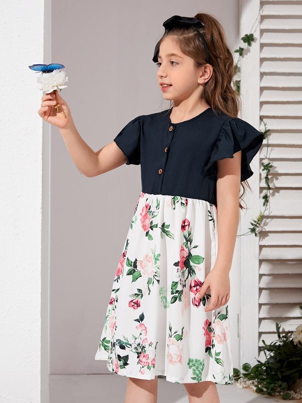 Girls Floral Print Ruffle Trim Dress SHE