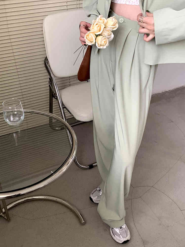 Spring Two-piece Women Suit Mint Blazer Wide Leg Pants Set Blazers Jackets Trouser office woman suits 210510