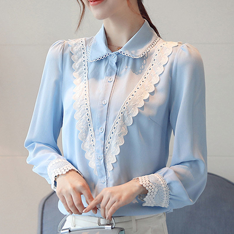 Blouse Women Spring Chiffon Shirt for Tops Button Solid Long Sleeve Ladies Lace Blusas Mujer De Moda 7962 50 210508