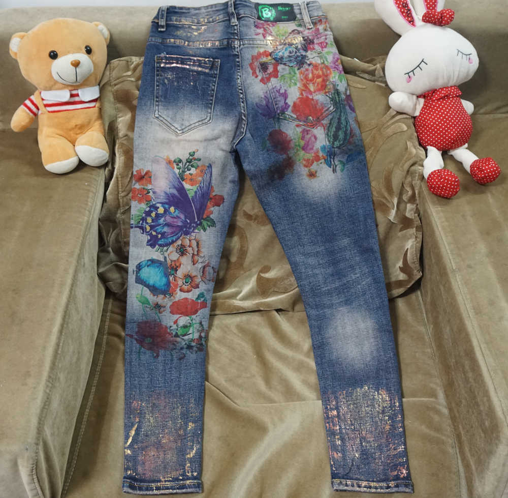 3D Stretchy Jeans With Flowers Pattern Painted Pencil Pants Woman Elegant Style Denim Trousers For Women 210809