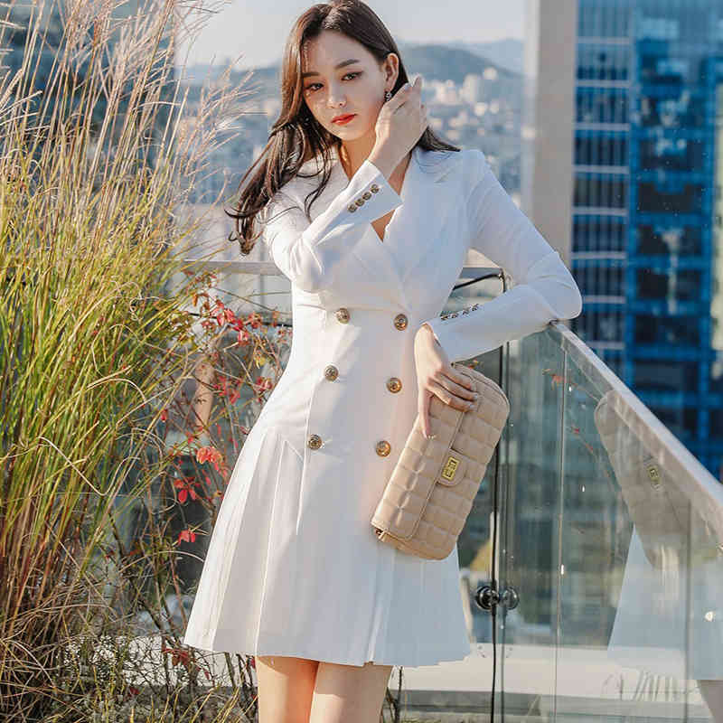 Autumn and winter Korean style Office Ladies Lapel Pleated skirt Work Business Mid-length Double-breasted Women Dress 210506