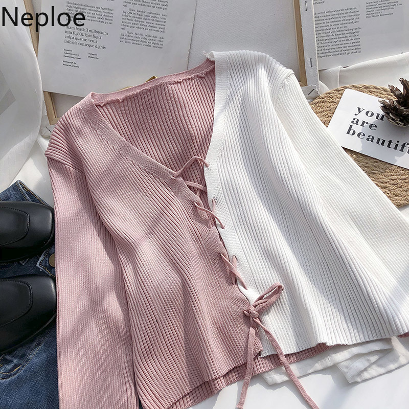 Neploe Korean V-neck Cardigan Tops Short Knitted Sweaters Women Thin Cardigan Fashion Patchwork Bandage Crop Top Ropa Mujer 210422