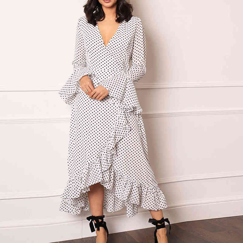 Women Chic Polka Dot Long Dress Female Ruffles Split Party es Ladies V Neck Flare Sleeve Casual Maxi 210508