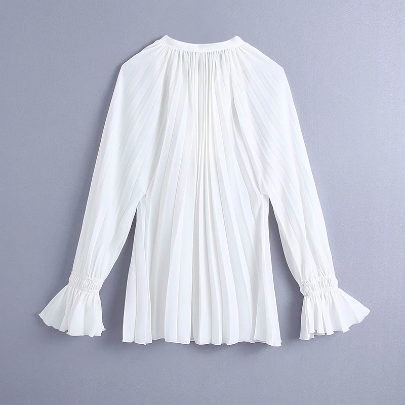 Women Fashion With Bow Tied Pleated Loose Blouses Vintage Long Sleeve Ruffled Cuffs Female Shirts Chic Tops 210520