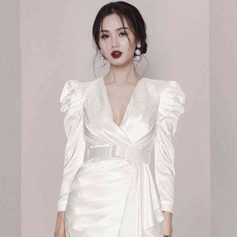 Elegant Women Sexy V-Neck Puff Sleeve Irregular Dress Spring Office OL High Waist Bodycon Party Vestidos Femme 210519
