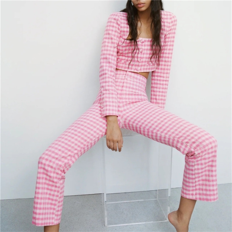 Set Woman 2 Pieces Summer Pants Sets Pink Plaid Crop Top Women Outfit Fashion High Waist Flared Female Suit 210519
Set Woman 2 Pieces Summer Pants Sets Pink Plaid Crop Top Women Outfit Fashion High Waist Flared Female Suit 210519