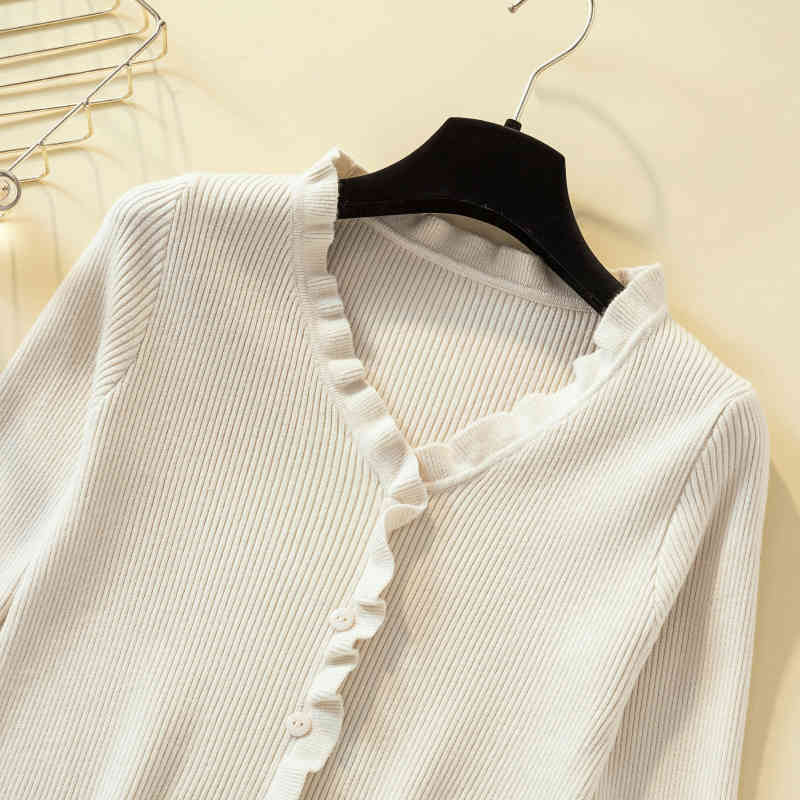 Lotus Edge Knitted Sweaters bottoming shirt Fashion lotus leaf sleeve knited cardigan office lady solid 7252 50 210427