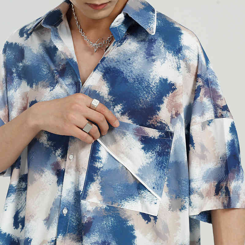 IEFB Men's Clothing Oversized Tie Dye Short Sleeve Shirt For Men Korean Fashion Loose Spring Summer Tops For Men 9Y5660 210524