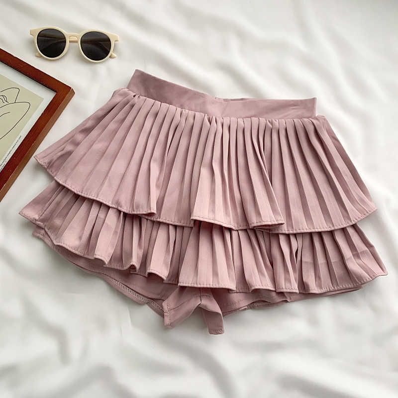 Woman Shorts Korean Pleated Double Ruffle Bottoms Causal High Wiast Sweet Sexy Short Feminimos 6G188 210603