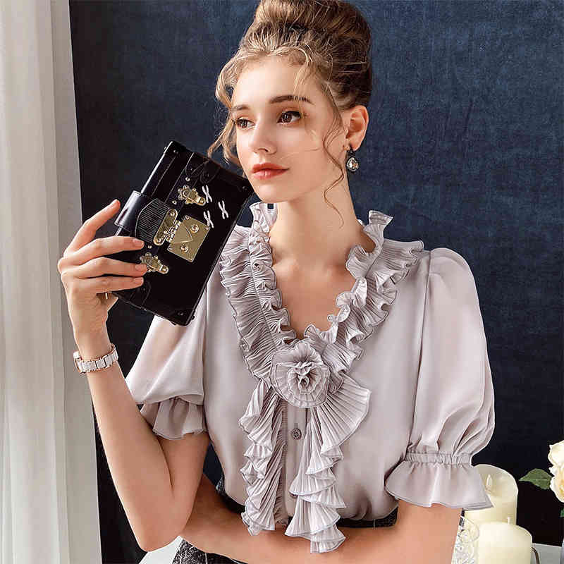 Dabuwawa Exclusive Ruffle V-Neck Chiffon Blouse Women Tie Flower Front Puff Short Sleeve Casual Shirts Tops Women DO1BCF002 210520