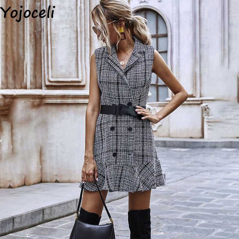 Yojoceli Sexy ruffle turn down collar tweed dres Autumn winter sashes bow short Casual party daily vestidos 210609