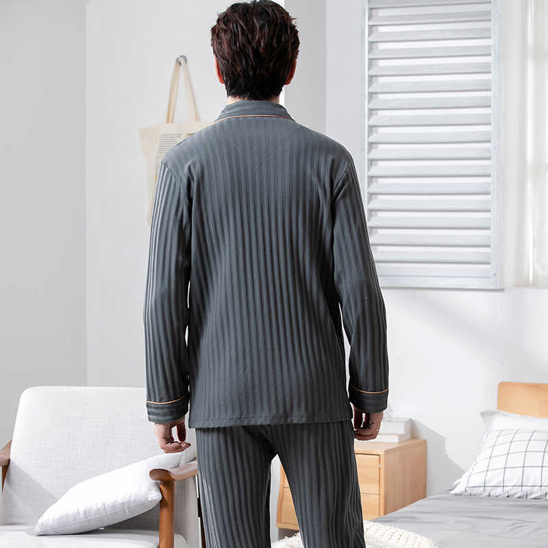 Winter Knitted Cotton Men Sleepwear Long Tops+Long Pants Two Pieces Set Pajamas Loose Soft Plus Size L- 5XL Male Pijamas 211019