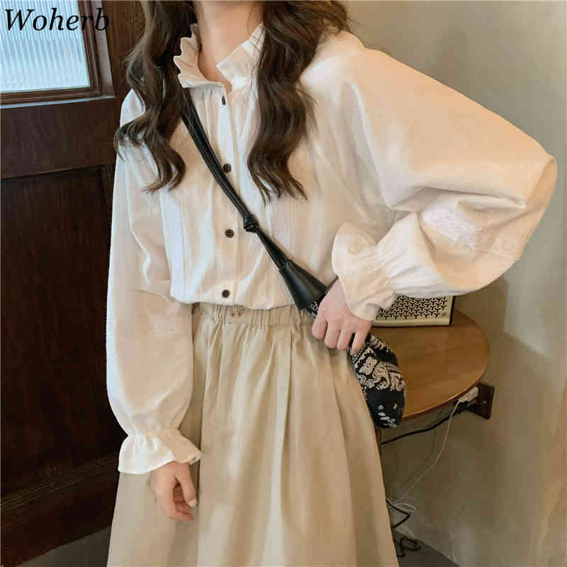 Casual Two Peices Set Elegant White Ruffle Blouse + High Waist Midi Skirts Japanese Style Women All Match Outfits 210519