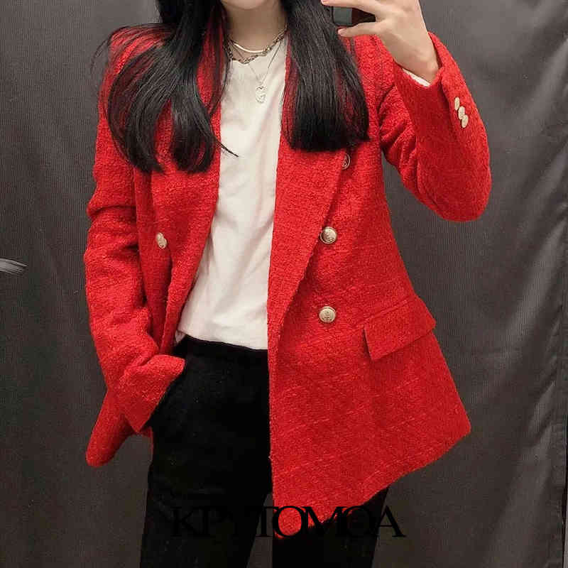 Women Fashion Double Breasted Tweed Blazer Coat Long Sleeve Pockets Female Outerwear Chic Veste Femme 210420