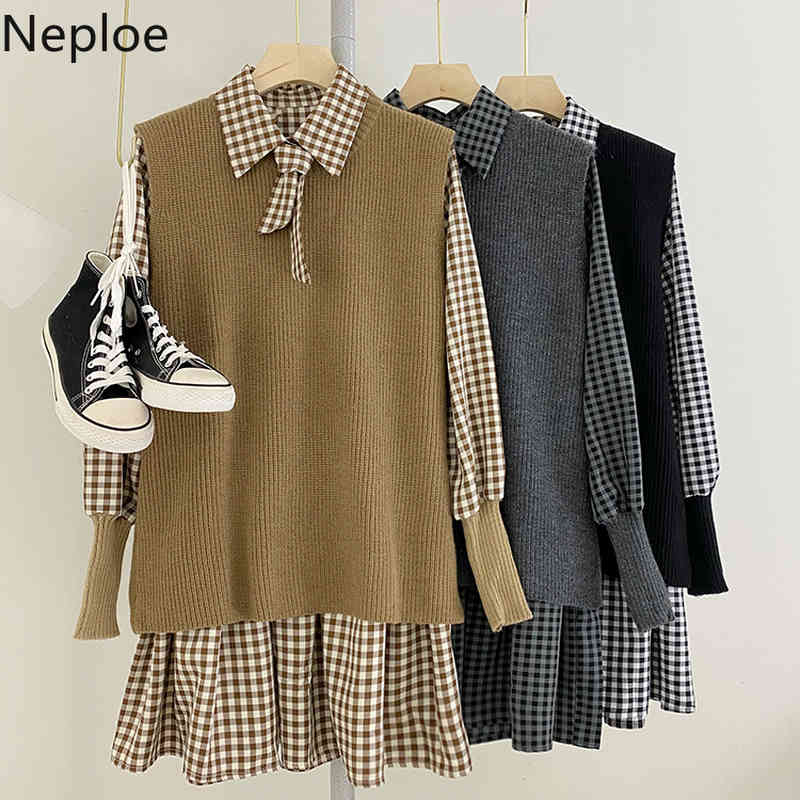 Neploe Two Piece Outfits for Women Fall Clothes Plaid Dress Knitted Sweater Vest Korean Fashion Suit Ropa Mujer 2 Piece Set 210422