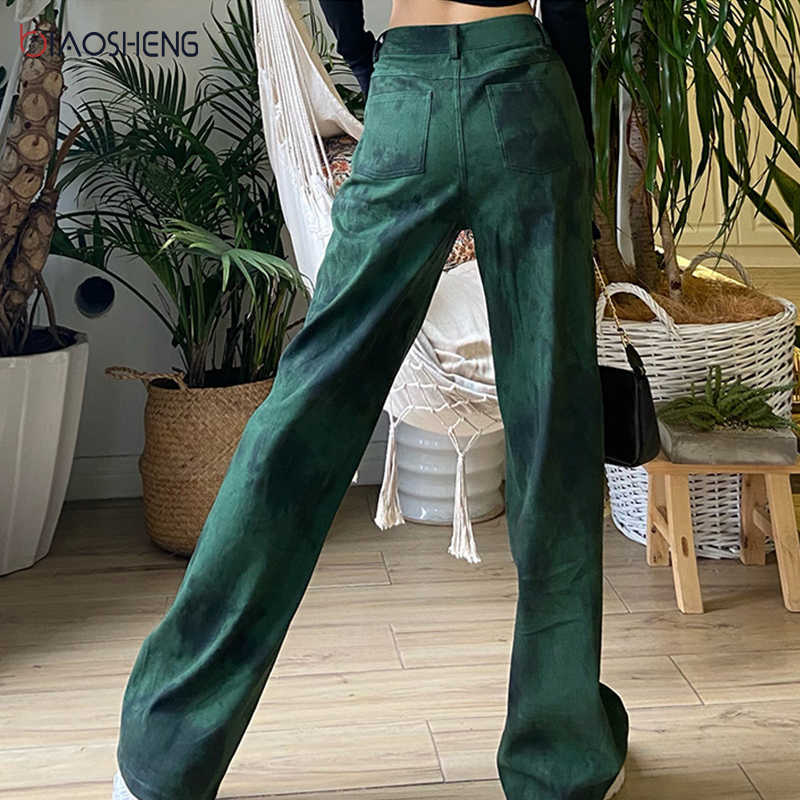 Green Jeans Women High Waist Mom Flared Fashion Loose Straight Pants Long Streetwear Y2k Denim Trousers 210922