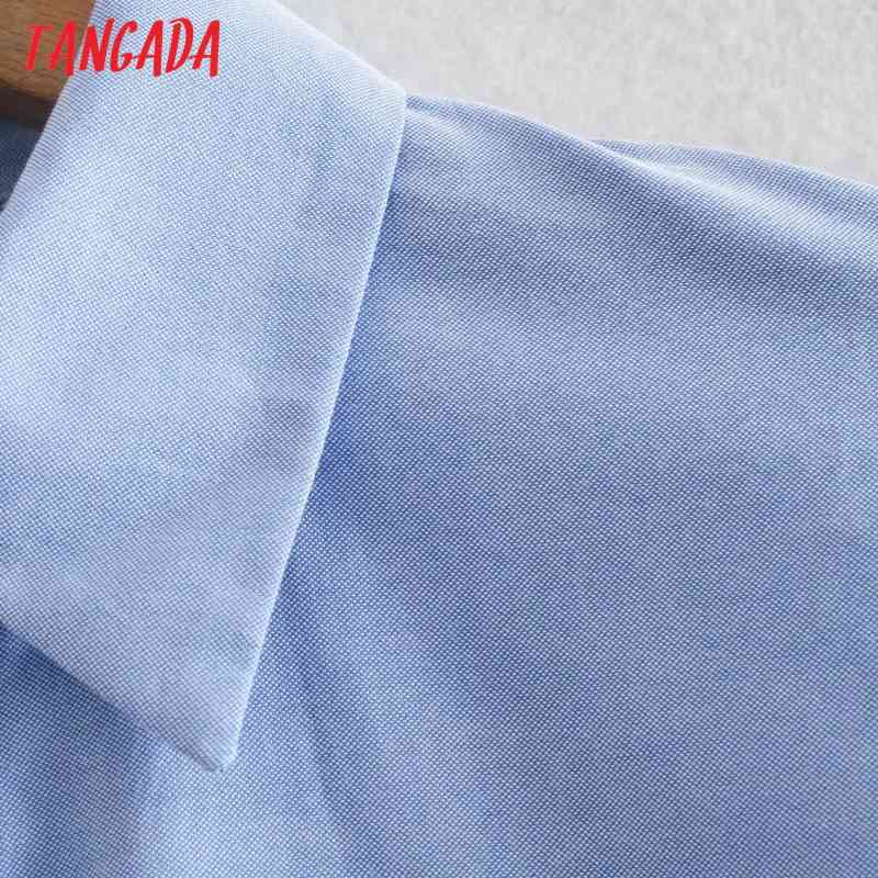 Women Blue Pocket Patch Crop Blouse Femme Split Long Sleeve Short Shirt Chic Tops XN319 210416