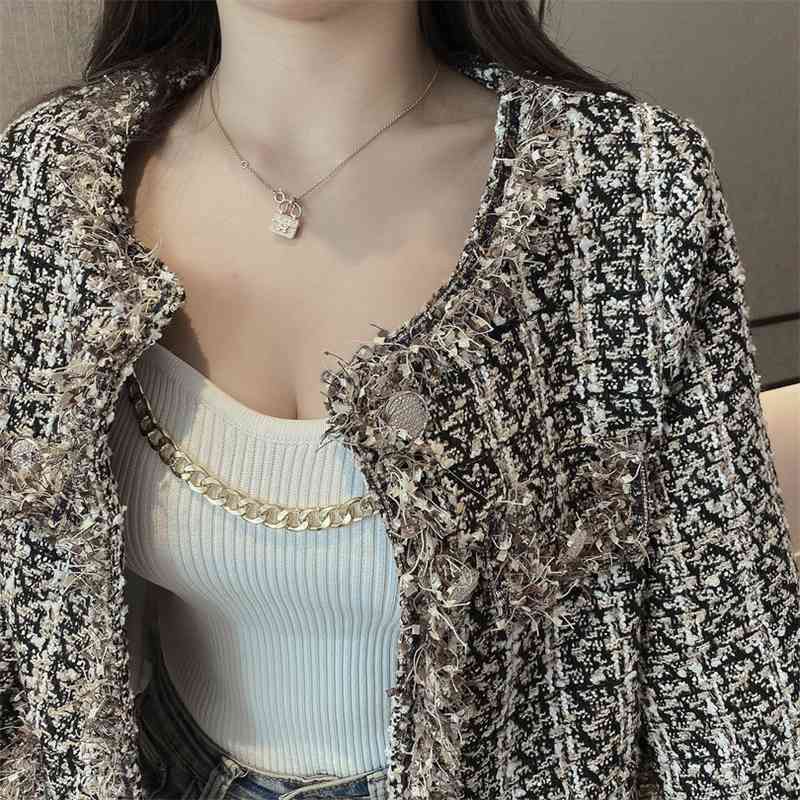 Elegant Korean Chic Tweed Women Jacket Long Sleeve O-Neck Spring Coat Fashion Single Breasted Jackets Femme 210520