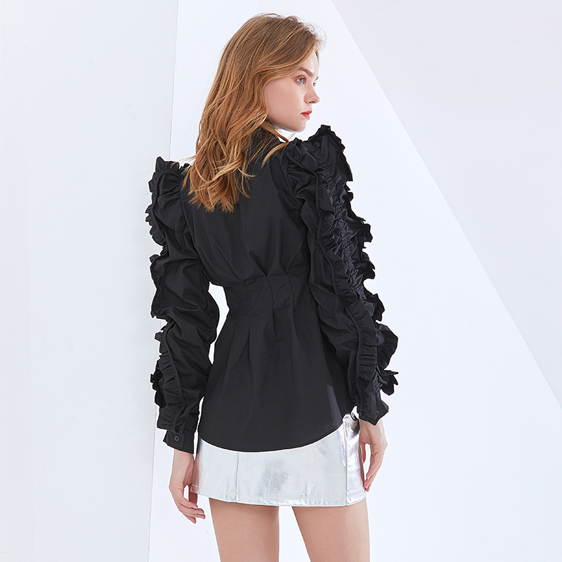 Elegant Solid Shirt For Women Lapel Ruffle Sleeve Tunic Minimalist Blouse Female Fashion Clothing Spring 210524