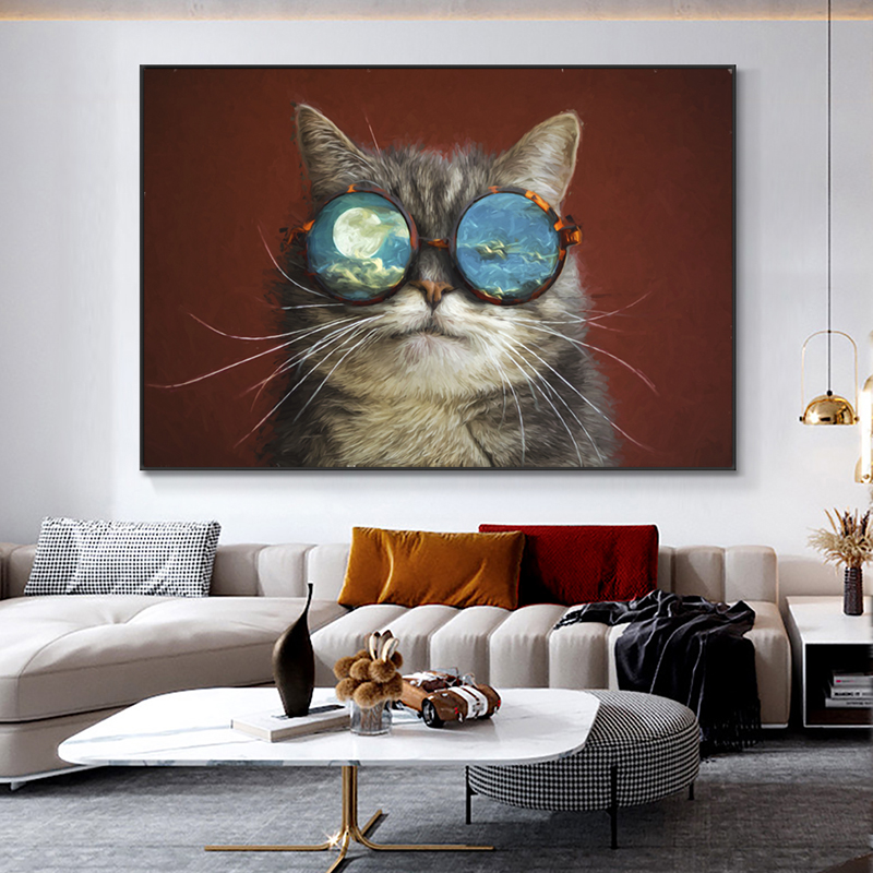 Cat With Glasses Poster Canvas Painting Wall Art Pictures For Living Room Animal Posters And Prints Modern Home Decor Cuadros