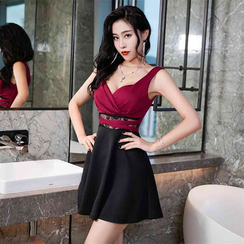 

Nightclub women's sexy dress summer night low-cut deep V waist cover Office Lady Polyester Knee-Length 210603, Burgundy