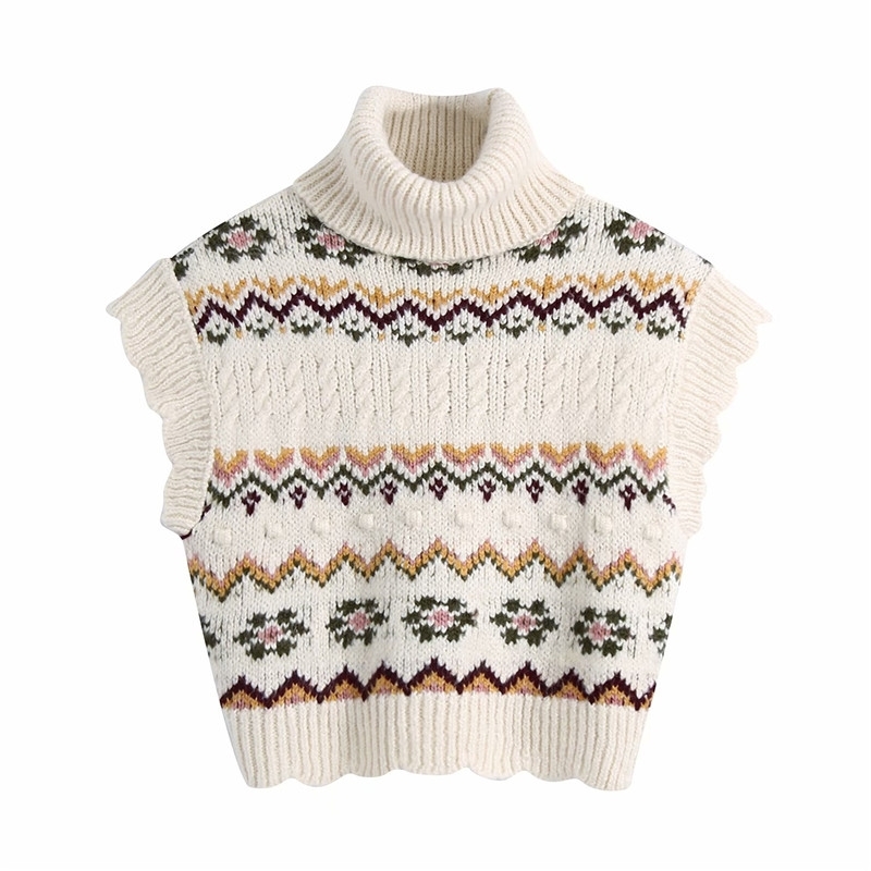 Causal Women Turtleneck Sweater Fashion Ladies Ruffles Knitted Tops Streetwear Female Chic Geometry Jacquard Pullover 210430