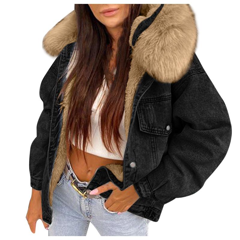 Women's Jackets Thickened Overcoat Warm Long Sleeve Winter Fleece Lined Lapel Collar Solid Color Denim Jacket With Pockets Coat, Black;brown
Women's Jackets Thickened Overcoat Warm Long Sleeve Winter Fleece Lined Lapel Collar Solid Color Denim Jacket With Pockets Coat, Black;brown