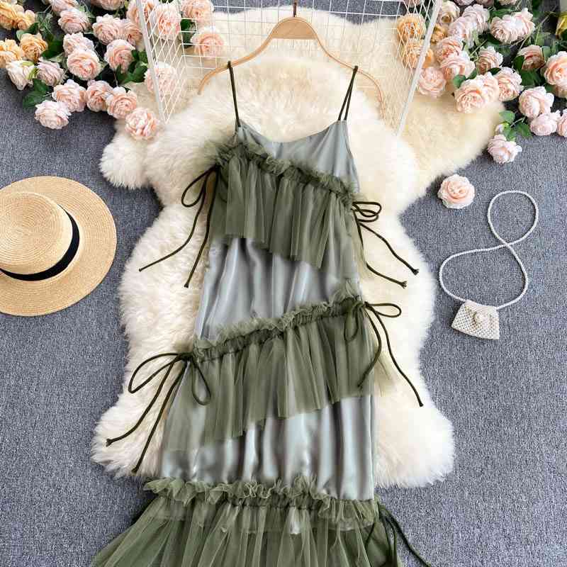 Fashion Women Seaside Holiday Sexy Women Dresses Summer Mesh Green Dress Irregular Ruffled Suspender Beach Dress Girl 210515