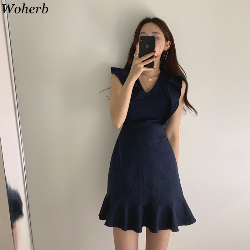 Elegant Mini Dress Women V Neck Sleeveless Robe Ruffle Flying Sleeve Bodycon Slim Vestidos Korean Ruffles Mermaid Dresses 210519