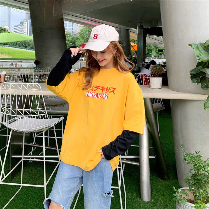 korean kawaii yellow T Shirt Women long Sleeve O Neck T-shirts autumn Tops Casual Tee letter printed Harajuku Woman Tshirt 210720