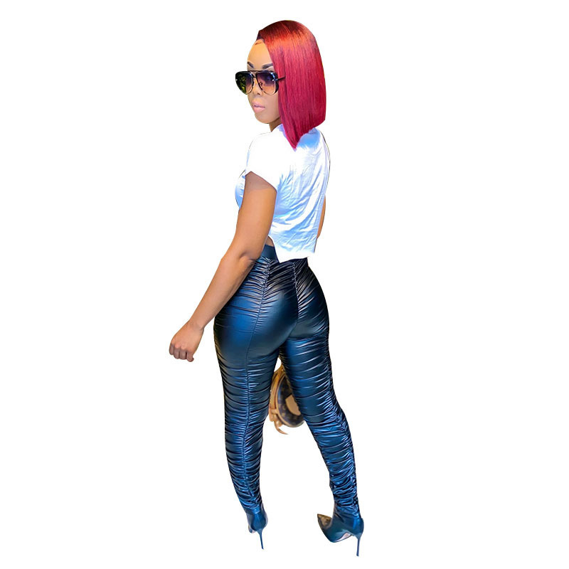 Women Pants Capris Pleated PU High Waist Slim Bottoming Fashion Zipper Long Leather Autumn Winter 210513
