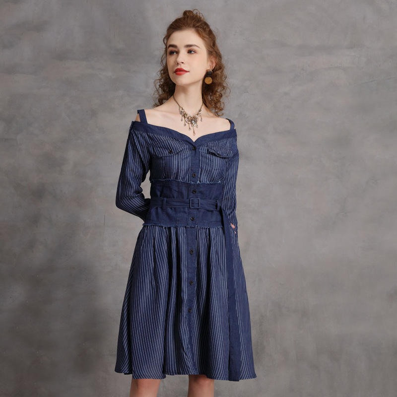 Johnature Women Casual Denim Dresses Striped Slash Neck Bandage Patchwork Spring Button High Quality Women A-Line Dress 210521, Blue
Johnature Women Casual Denim Dresses Striped Slash Neck Bandage Patchwork Spring Button High Quality Women A-Line Dress 210521, Blue