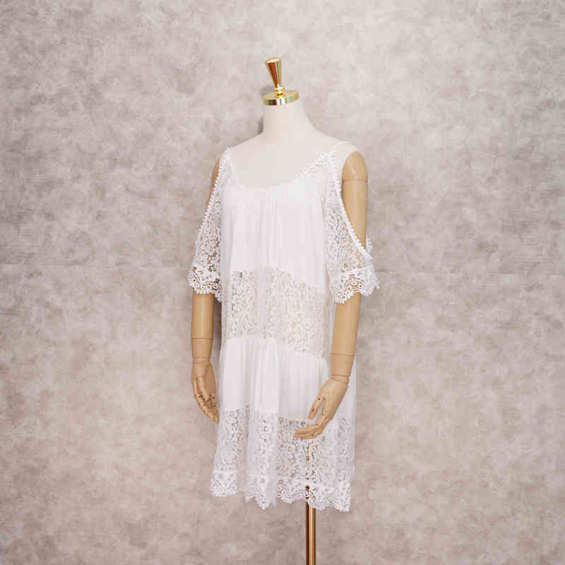 Women Fashion Beachwear Cover-ups Sexy Cold Shoulder Summer Beach Dress White Cotton Tunic Swimsuit Cover Up Sarongs #Q826 210420