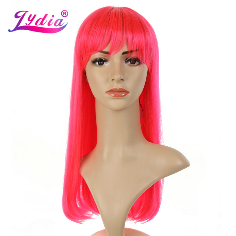 Synthetic Wigs Lydia Pure Color Pink Long Straight 20 Inch Blunt Bang Wig With MONO Web Kanekalon For Women Nature Party