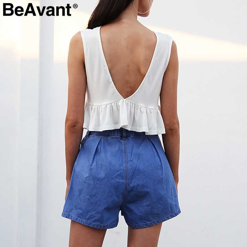 BeAvant Sexy v neck backless tank top women Ruffle short lace shirt camisole tank Summer sweat streetwear casual crop top 210709