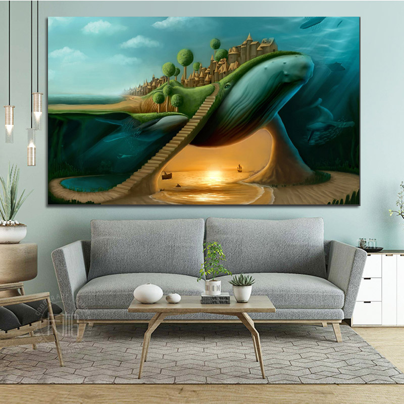 Hotselling Abstract Surrealism Whale And Castle Printed on Canvas Wall Art Picture Living Room Kid's Home Poster Cudros Decor