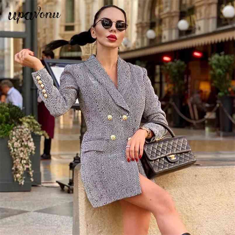 Free Winter Elegant Women's Mid-length Woolen Coat Double-breasted Green Fruit Collar Striped 210524