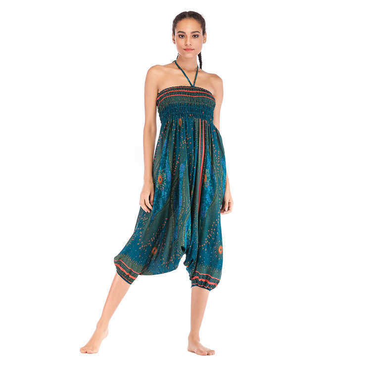 Bohemia National Print Elastici Waist Big Crotch Pants Female Loose Casual High Harem Thail Ladies Dance Baggy 210604