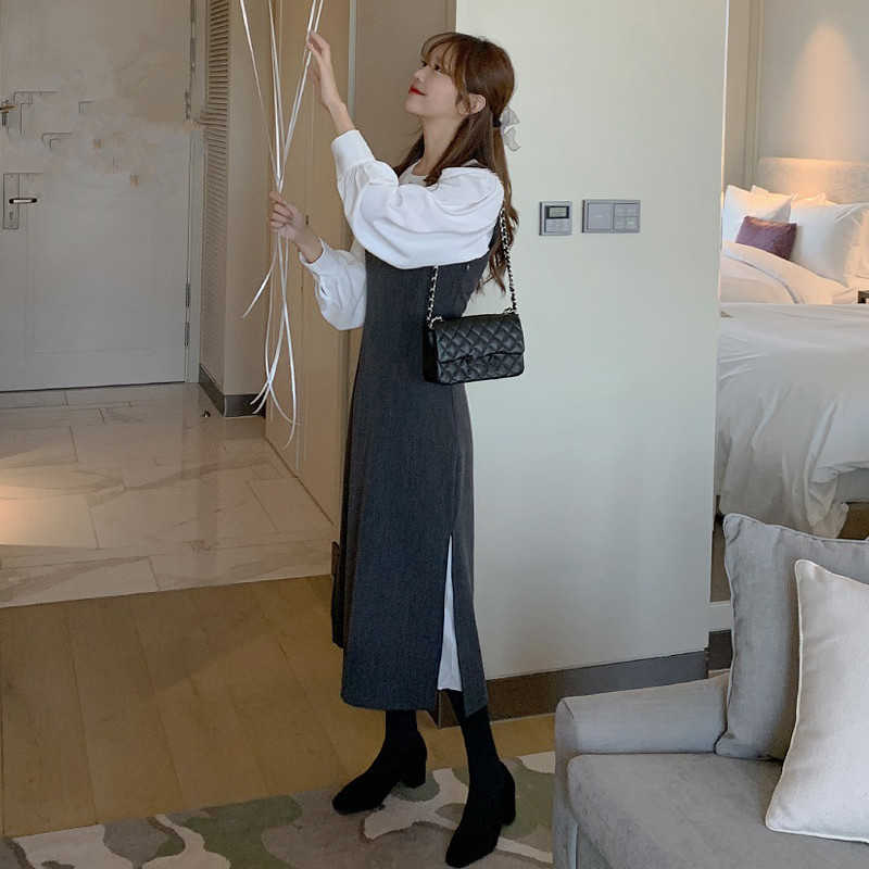 Spring Korean Elegant 2pieces Sets Split Tank Dress + Puff Sleeve O-neck Pullover Blouse Outfits 6E651 210603