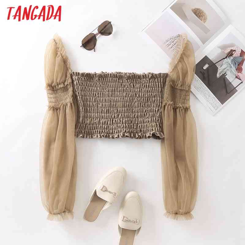 Women Off Shoulder Mesh Patchwork Crop Long Sleeve Summer Chic Female Sexy Slim Shirt Tops 3A46 210416
