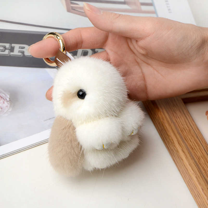 New 10cm Real Mink Fur Cute Plush Bunny Rabbit Keychain Ladys Girls Bag Car Key Keyring Pompon Pendant Accessories R250728