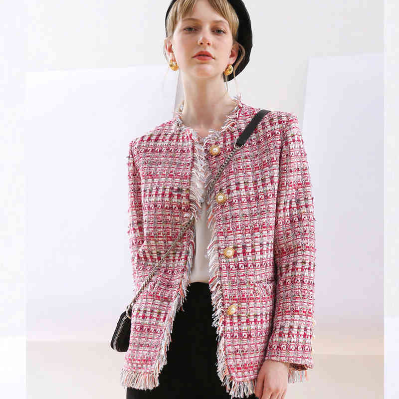 Autumn Winter Vintage Pink Plaid Jackets Coat Women Tweed Overcoat Tassel Long Sleeve Slim Jacket Tops Female Outwear 210421